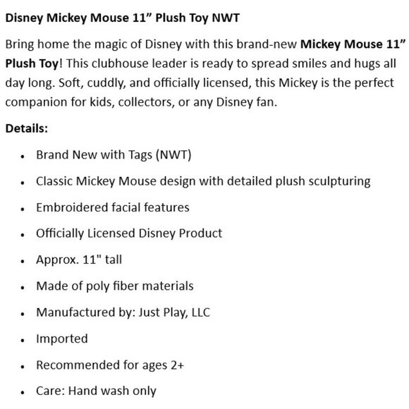 Disney Mickey Mouse 11” Plush Toy NWT - Picture 2 of 6